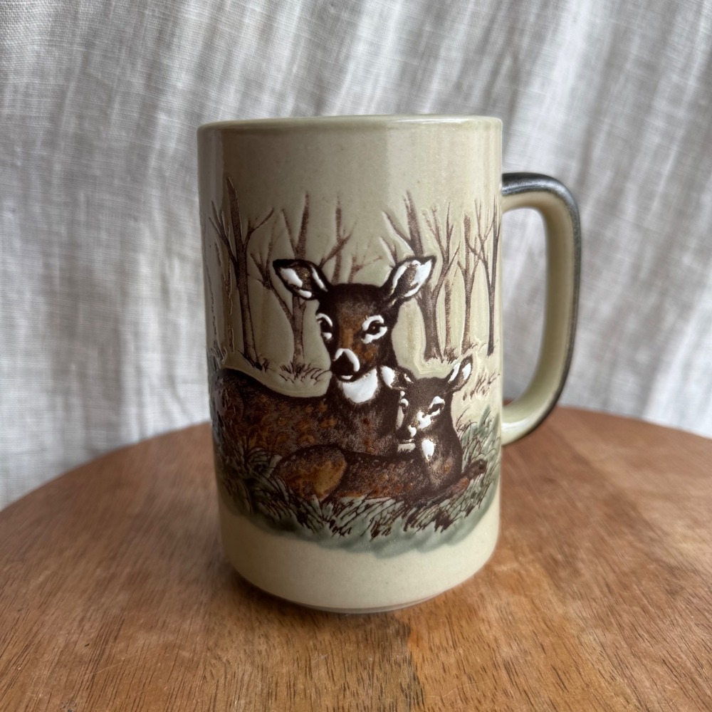 VTG Stoneware Deer and Fawn Wildlife Coffee Mug Tan Brown Forest Nature Cabin